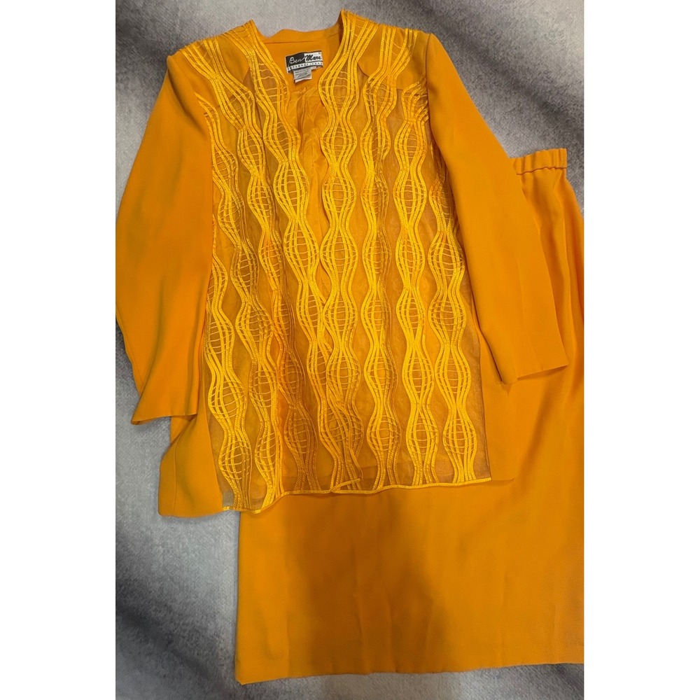 Ben Marc Vintage Mustard Orange Skirt Suit Set Embroidered Organza Plus Size 22